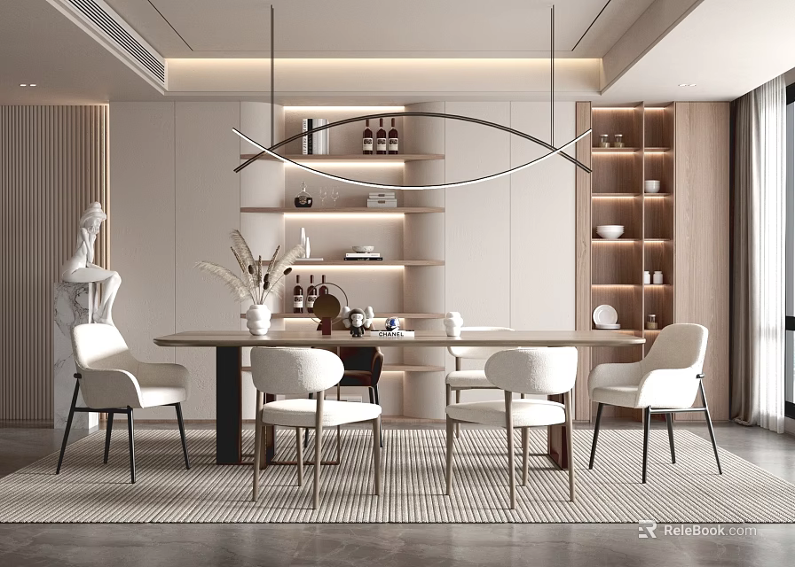 Modern Restaurant Interior With Round Dining Table White Chairs And Pendant Light 3d model 