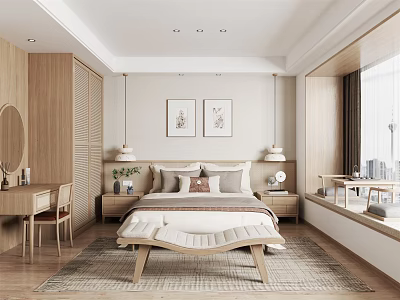 Modern Bedroom Interior Design With Wooden Wardrobe Bedside Wall Art Pendant Lights And Foot Bench 3d model