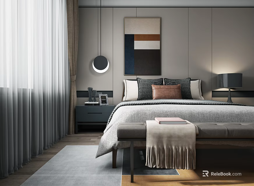 Modern Bedroom Interior Featuring Abstract Painting Bedside Table Lamp Curtains And Bench 3d model 