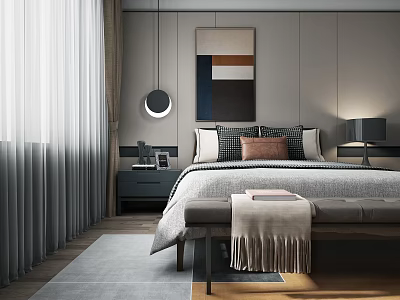 Modern Bedroom Interior Featuring Abstract Painting Bedside Table Lamp Curtains And Bench 3d model