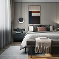 Modern Bedroom Interior Featuring Abstract Painting Bedside Table Lamp Curtains And Bench