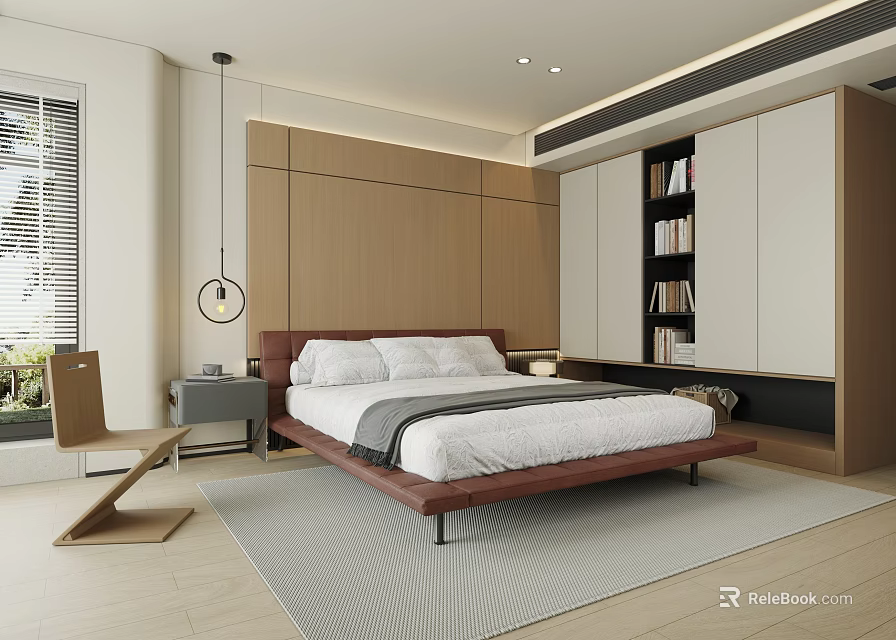 Modern Cozy Bedroom Interior Design With Wooden Bed Wardrobe And Bookshelf 3d model 