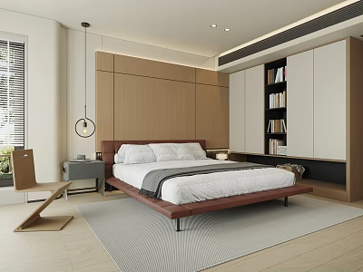 Modern Cozy Bedroom Interior Design With Wooden Bed Wardrobe And Bookshelf 3d model