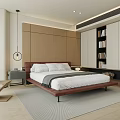 Modern Cozy Bedroom Interior Design With Wooden Bed Wardrobe And Bookshelf