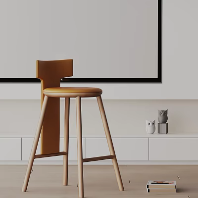 Modern Wooden Bar Stool With Light Brown Seat Against White Wall And Cabinet 3d model