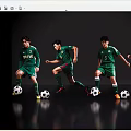 Men In Green Football Jerseys Running With Soccer Balls On Reflective Floor