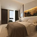 Modern Hotel Guest Room With King Size Bed Green Armchair Round Mirror And Decorative Painting