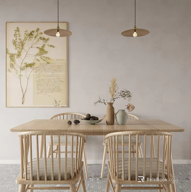 Light Wood Dining Table Set with Four Chairs Decorative Plant Painting Pendant Lights Dried Flowers 3d model 