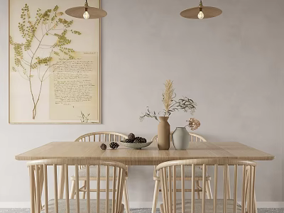 Light Wood Dining Table Set with Four Chairs Decorative Plant Painting Pendant Lights Dried Flowers 3d model