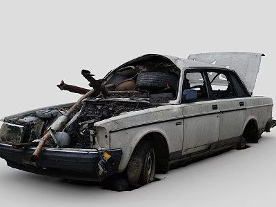 Wrecked Old Car With Open Hood Broken Parts And Damaged Body Exterior 3d model