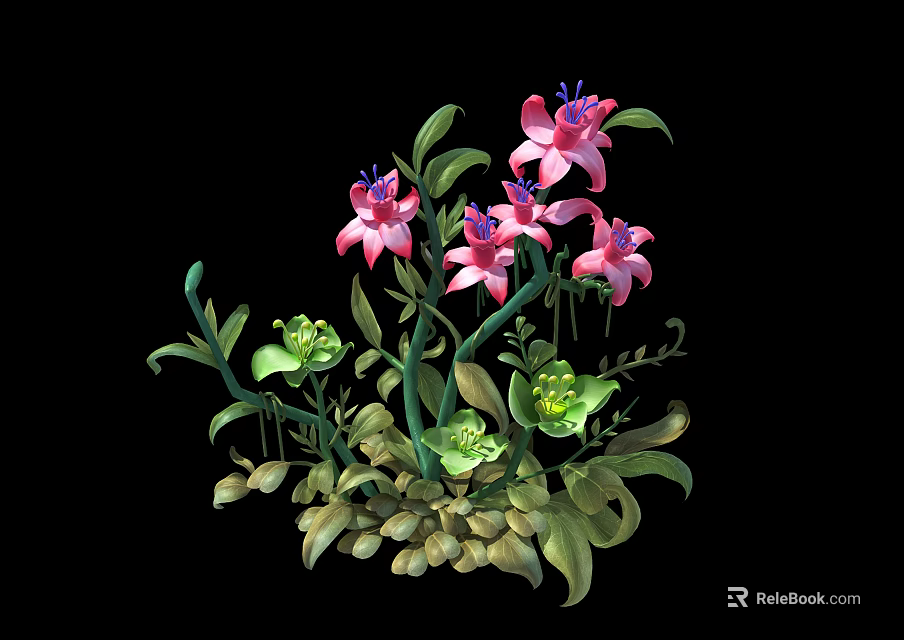 Vibrant Pink Flowers With Lush Green Leaves And Small Green Buds Set On Natural Pebbles 3d model 