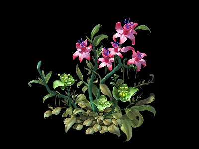 Vibrant Pink Flowers With Lush Green Leaves And Small Green Buds Set On Natural Pebbles 3d model