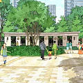 Urban Garden Landscape With Green Trees Display Wall And People Activities High Rise Buildings Background