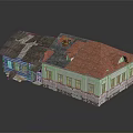 Traditional Old Building With Weathered White Walls Damaged Green And Red Roofs