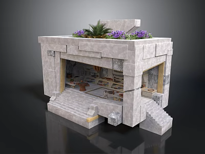 Detailed Stone Architectural Model With Steps Entrance And Top Purple Flowers 3d model
