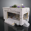 Detailed Stone Architectural Model With Steps Entrance And Top Purple Flowers