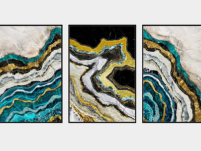 Abstract Paintings With Wavy Lines In Teal Gold Black And White Tones 3d model