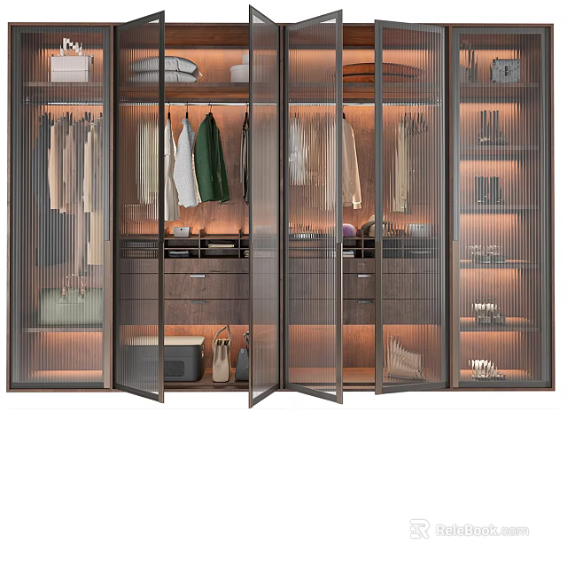 Modern Wardrobe Design With Glass Doors Hanging Rods Drawers And Interior Storage 3d model 