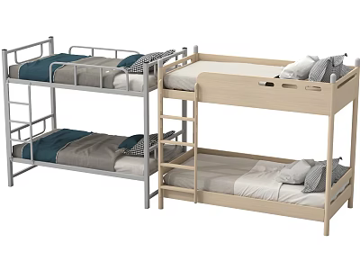 Stylish Metal and Wooden Frame Bunk Beds With Mattresses Pillows and Ladder for Bedroom 3d model