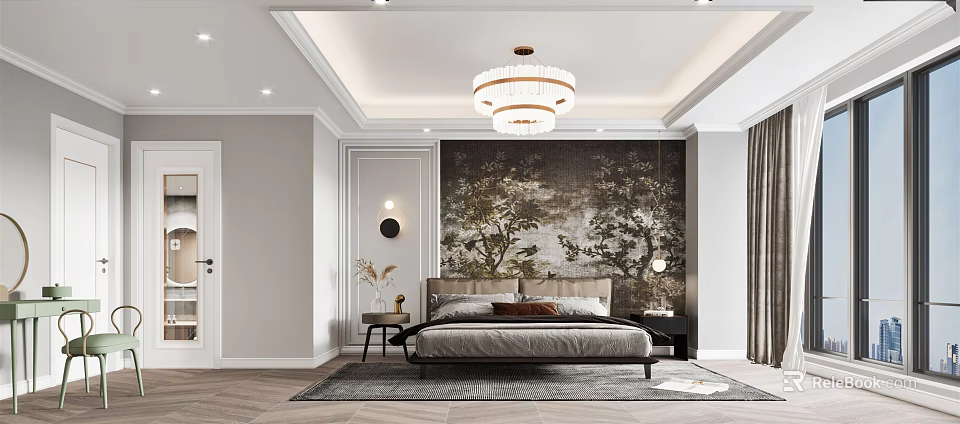 Elegant Modern Bedroom Interior Design With Tree Mural Chandelier And Wooden Floor Rug 3d model 