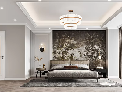Elegant Modern Bedroom Interior Design With Tree Mural Chandelier And Wooden Floor Rug 3d model