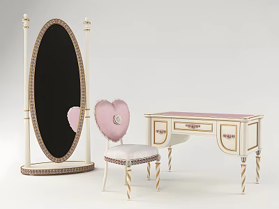 White Dressing Table With Pink Top Heart Shaped Back Chair And Oval Mirror 3d model