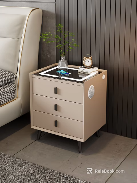 Modern Beige Nightstand With Three Drawers Black Top Green Plant Gold Alarm Clock And Speaker 3d model 
