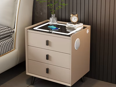 Modern Beige Nightstand With Three Drawers Black Top Green Plant Gold Alarm Clock And Speaker 3d model