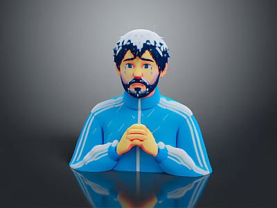 Man Wearing Blue Tracksuit With White Stripes Clasping Hands And Snow Like Head 3d model