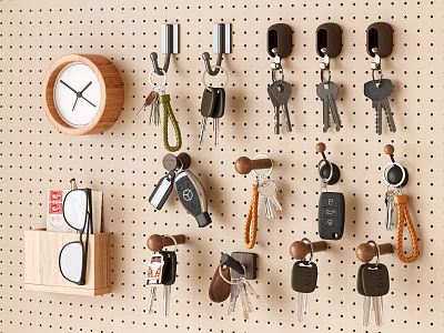 Pegboard Wall Hooks Organizing Keys Keychains With Clock And Sunglasses Holder 3d model