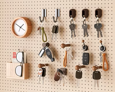 Pegboard Wall Hooks Organizing Keys Keychains With Clock And Sunglasses Holder 3d model