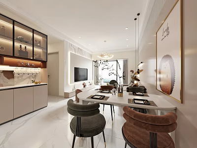 Elegant Modern Living Dining Room Interior With Dining Table Chairs TV And Decorative Painting 3d model