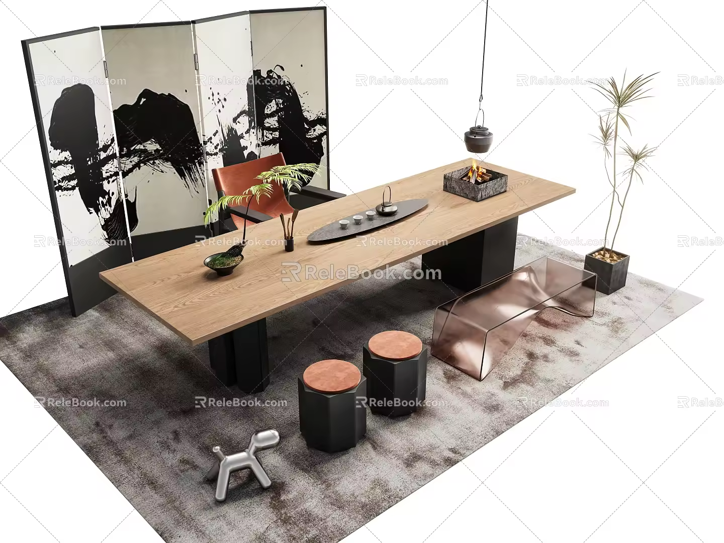 Modern Tea Table and Chair Combination Tea Set Screen Long Board Table 3d model