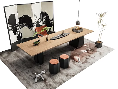 Modern Tea Table and Chair Combination Tea Set Screen Long Board Table 3d model