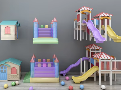 Colorful Kids Play Equipment Including Castle Inflatable Bouncer Wooden Slide Small House And Colorful Balls 3d model