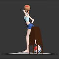 Anime Game Character with Orange Hair Blue Striped Top Blue Shorts by Beach Ball Signboard