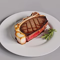 Juicy Bone In Grilled Steak with Grill Marks Served on White Plate and Fresh Rosemary