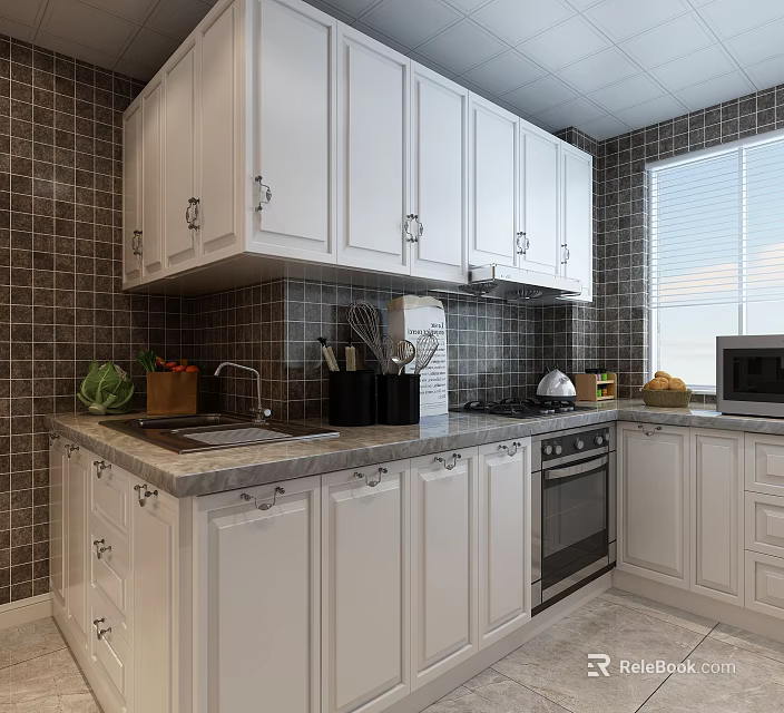 White Kitchen Cabinets With Granite Countertop Tiled Backsplash Modern Appliances And Window Blinds 3d model 