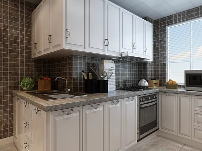 White Kitchen Cabinets With Granite Countertop Tiled Backsplash Modern Appliances And Window Blinds 3d model