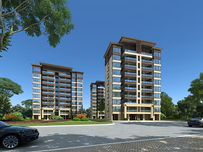 Modern High Rise Residential Buildings With Greenery Trees Lawns And Parking Area 3d model