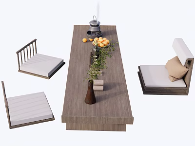Simple Style Wooden Tea Table and Chairs with Teapot Fruits and Green Plants 3d model