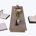 Simple Style Wooden Tea Table and Chairs with Teapot Fruits and Green Plants