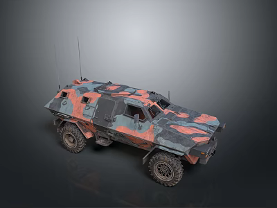 Military Tank With Red Black Camouflage Pattern And Multiple Heavy Duty Wheels 3d model