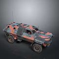 Military Tank With Red Black Camouflage Pattern And Multiple Heavy Duty Wheels