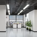 Modern Open Public Office Space With White Walls Gray Floors Desks Chairs Green Plants Blinds