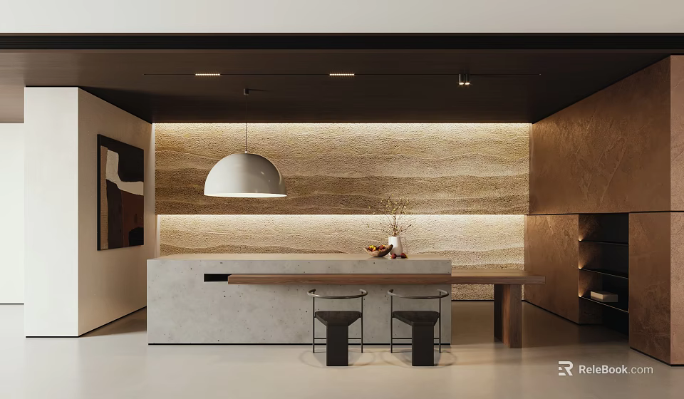 Modern Restaurant Interior Design With Bar Counter Pendant Light Textured Wall And Seating 3d model 