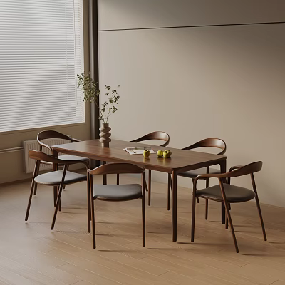 Wooden Dining Table Set With Four Chairs Vase Plant Fruits Near Window Blinds Light Walls 3d model