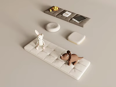 White Rectangular Cushion With Rabbit Dinosaur Toys Round Cushion Square Box And Gray Tray 3d model