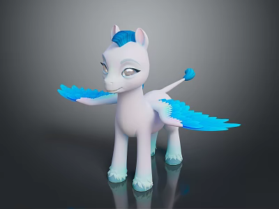 Cute White Pony With Blue Mane Wings And Tail Standing With Spread Wings 3d model