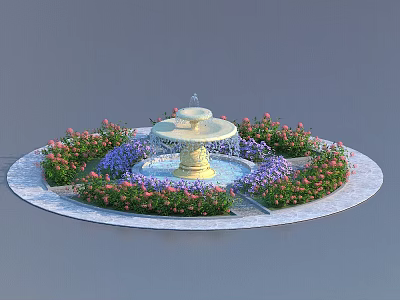 Ornate Circular Garden Fountain Surrounded by Blooming Pink and Purple Flowers 3d model